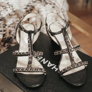 Chanel Black Lambskin Silver Chain Heeled Sandals